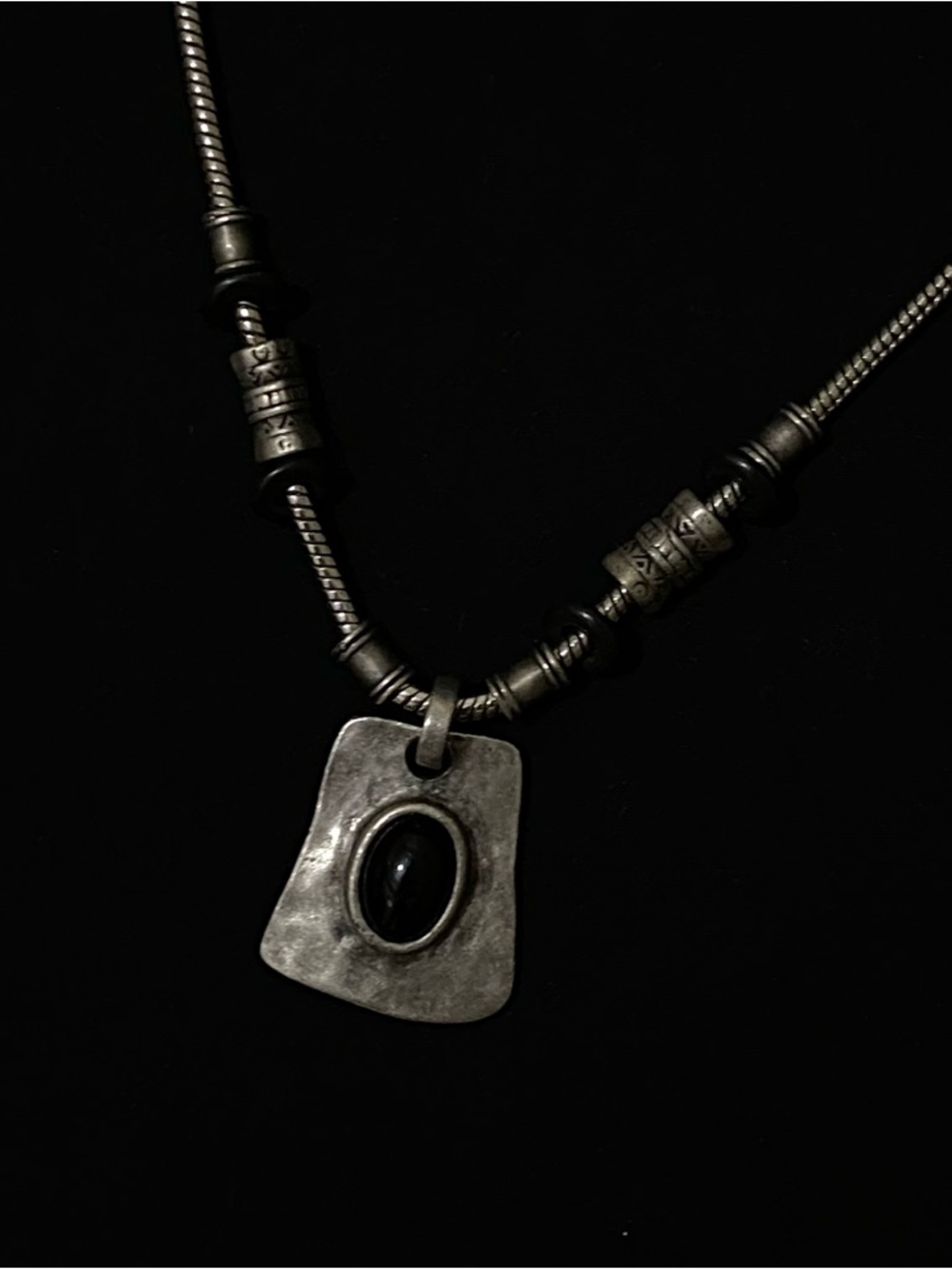 Signed Chico's Hammered Silver Black Onyx Pendant Necklace